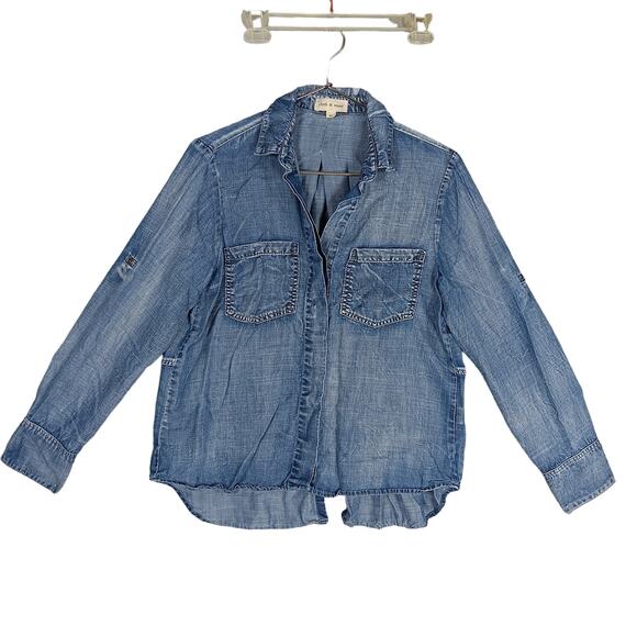 Cloth & Stone Blue Chambray Button Down Shirt Roll Tab Long Sleeve Slit on Back - Picture 4 of 11